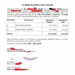 Net Worth Certificate for VISA